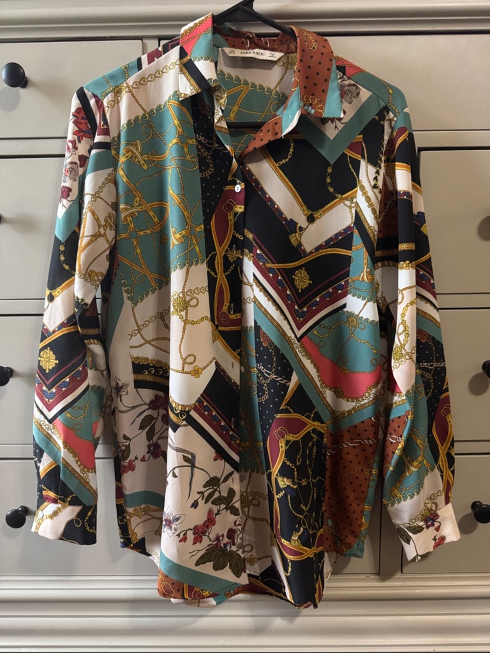 Zara Multi-Print Button-Down Shirt in Teal/Black/White/Gold/Brown